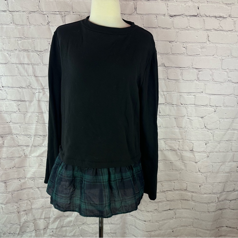 ann taylor LOFT Black long sleeve sweater tartan plaid peplum ruffle tunic top L